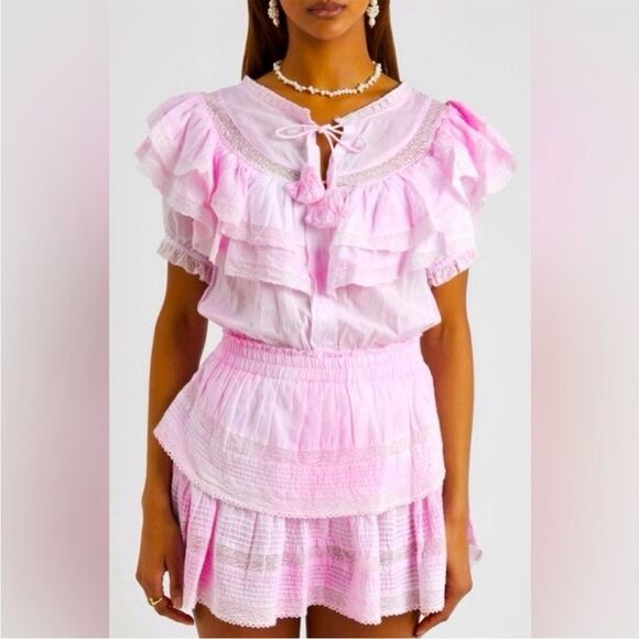 LoveShackFancy Liv Tie Dye Pink Lace Ruffle Mini Dress, Size Large - Picture 12 of 12